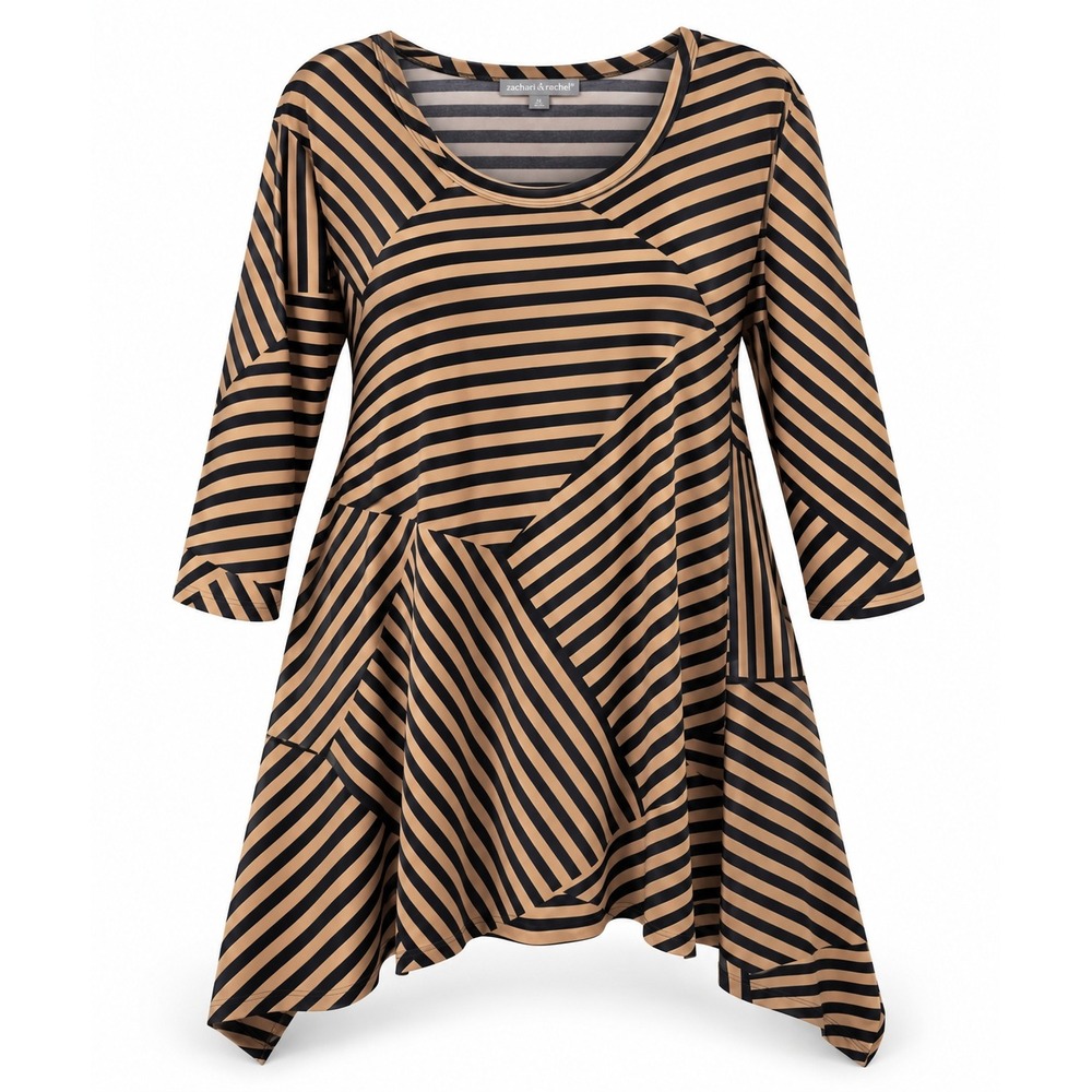 Woman Within 1X Tunic Top Tan Black Striped Sharkbite Hem 3/4 Sleeve Plus Size